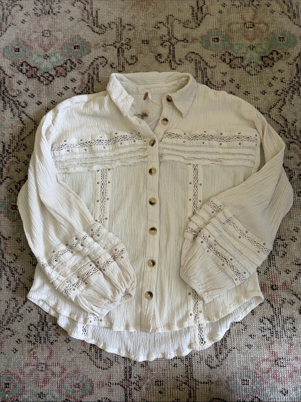 Free People Cream Lace-Trim Button-Down Shirt